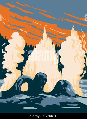 Affiche WPA de Grotto Geyser, un geyser de type fontaine situé dans le bassin supérieur de Geyser dans le parc national de Yellowstone, comté de Teton, Wyoming USA fait Illustration de Vecteur