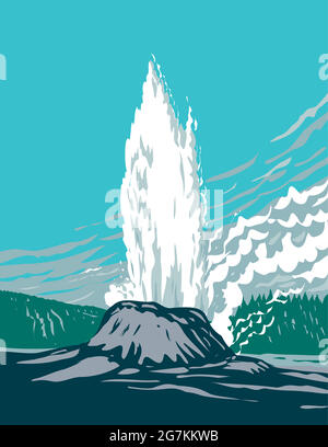 L'art de l'affiche WPA de Castle Geyser, un geyser conique situé dans le bassin supérieur de Geyser dans le parc national de Yellowstone, Teton County, Wyoming USA fait dans les travaux Illustration de Vecteur