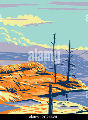 Affiche d'art WPA de Mammoth Hot Springs, un grand complexe de sources chaudes sur une colline de travertin dans le parc national de Yellowstone, comté de Teton, Wyoming États-Unis Illustration de Vecteur