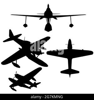 Set avec silhouettes d'un avion pour atterrir sur l'eau avec une hélice dans différentes positions isolées sur un fond blanc. Illustration vectorielle Illustration de Vecteur