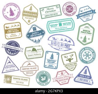 Timbres de Noël. Ensemble d'illustrations vectorielles pour timbres de livraison de courrier aérien du Père Noël, arbre de Noël, timbres de renne et de pain d'épice. Noël mignon Illustration de Vecteur