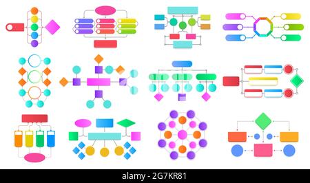 Diagrammes d'infographie des organigrammes. Diagrammes de diagramme de bloc, schémas de présentation de la structure du processus de travail jeu d'illustrations vectorielles. Schémas d'étapes de flux de travail Illustration de Vecteur