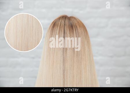 Texture des cheveux saine pour les femmes dos blond, fond blanc. Concept de soins de traitement. Banque D'Images