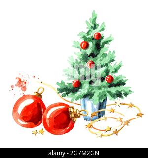 Petit sapin de Noël décoratif et boules rouges. Symbole de la nouvelle année. Illustration aquarelle dessinée à la main, isolée sur fond blanc Banque D'Images