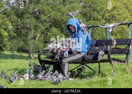 Northampton, Royaume-Uni. 15 juillet 2021. Gary Stone un lad local nourrissant les pigeons de report à Abington Park. Crédit : Keith J Smith./Alamy Live News Banque D'Images