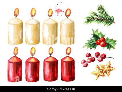 Bougies de l'Avent ou de noël avec ensemble d'éléments de décor, quatrième Avent. Aquarelle illustration dessinée à la main isolée sur fond blanc Banque D'Images