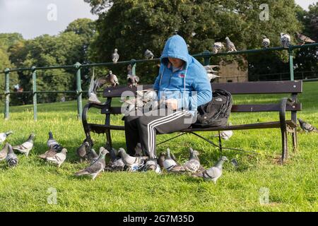 Northampton, Royaume-Uni. 15 juillet 2021. Gary Stone un lad local nourrissant les pigeons de report à Abington Park. Crédit : Keith J Smith./Alamy Live News Banque D'Images