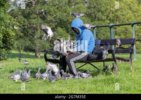 Northampton, Royaume-Uni. 15 juillet 2021. Gary Stone un lad local nourrissant les pigeons de report à Abington Park. Crédit : Keith J Smith./Alamy Live News Banque D'Images