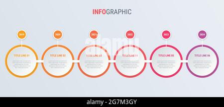 Schéma rouge, modèle d'infographie. Chronologie avec 6 étapes. Encerclez le processus de flux de travail pour l'entreprise. Conception vectorielle. Illustration de Vecteur