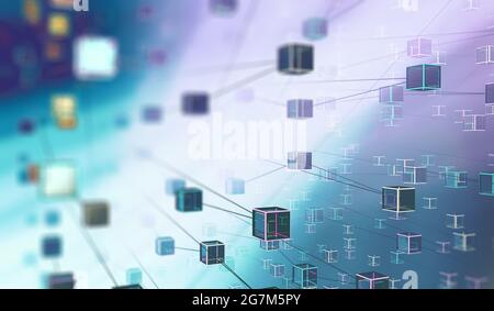Cubes connectés dans l'espace sombre. Conception de partenaires et de réseaux. Internet et communication de données.contexte futuriste de la science et de la technologie. Banque D'Images