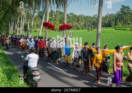 GIANYAR,BALI-MAI 11 2021: La communauté hindoue balinaise organise une cérémonie de nettoyage sur la route près du champ de riz, dans le village d'Ubud. Ils apportent des offeri Banque D'Images