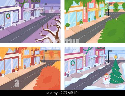 Rue de ville avec différentes saisons jeu d'illustrations vectorielles de couleur plate Illustration de Vecteur