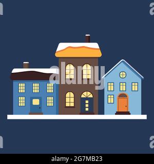 Un ensemble de petites maisons mignonnes avec un toit lumineux dans la neige Illustration de Vecteur