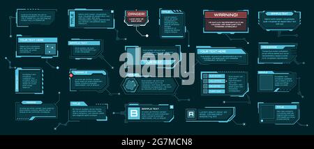 Titres de légende HUD. Zones de texte futuristes, étiquettes de barre de symboles numériques. Modèle de cadre d'information SCI-fi, ensemble vectoriel d'éléments d'infographie haute technologie. Modèles de fenêtre avec informations et avertissement Illustration de Vecteur