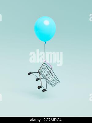 panier flottant tenu par un ballon bleu. concept minimal. offres, ventes. rendu 3d Banque D'Images