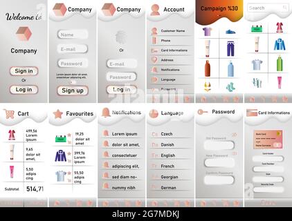 Ensemble d'écrans d'interface utilisateur mobile modèle de conception plate de l'application d'achat pour kit d'interface utilisateur IOS. Tableau de bord des achats. Interface utilisateur mobile de l'application d'achat, coloris rose et blanc. Illustration de Vecteur