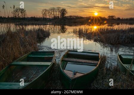 Bateaux sur la rive du lac et coucher de soleil, Stankow, Pologne Banque D'Images