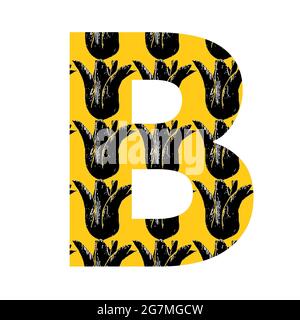 Lettre B de l'alphabet avec un motif de tulipe noire sur fond jaune, isolée sur fond blanc Banque D'Images