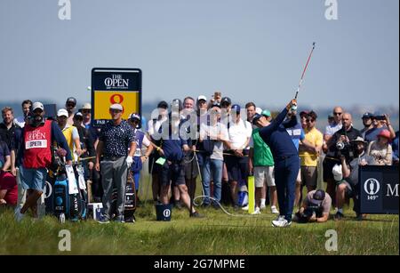 Le Jordan Spieth des États-Unis a ouvert la 8e journée au Royal St George's Golf Club de Sandwich, dans le Kent. Date de la photo: Jeudi 15 juillet 2021. Banque D'Images