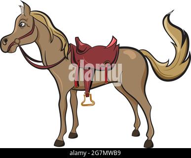 Cheval mignon de l'ouest sauvage avec selle. Adorable personnage pour le livre pour enfants. Éléments graphiques de Wild West Texas Country. Illustration de Vecteur