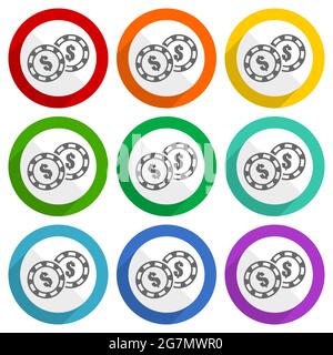 Icônes vectorielles de jetons de casino, ensemble de boutons de conception plate colorés pour le webdesign et les applications mobiles Illustration de Vecteur