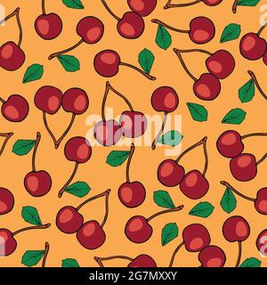 Motif vectoriel transparent avec cerises sur fond orange clair. Papier peint frais d'été avec fruits. Illustration de Vecteur