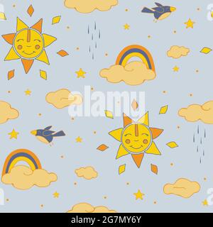 Motif vectoriel transparent avec soleil dessiné à la main et nuages sur fond bleu. Papier peint ciel simple pour les enfants. Illustration de Vecteur