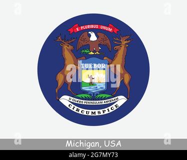Drapeau rond du Michigan. ICÔNE de bannière de bouton circulaire d'État MI États-Unis. Michigan États-Unis d'Amérique drapeau d'État. Le vecteur EPS de l'État des Grands Lacs Illustration de Vecteur
