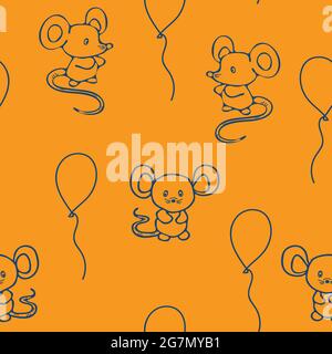 Motif vectoriel sans couture avec souris et ballons doublés sur fond jaune moutarde. Papier peint à motif animal de dessin animé simple pour les enfants. Illustration de Vecteur