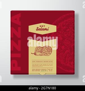 Pizza avec saucisse de salami chaude boîte en carton réaliste maquette. Résumé Vector Packaging Design ou Label. Typographie moderne, esquisse alimentaire et couleur Illustration de Vecteur
