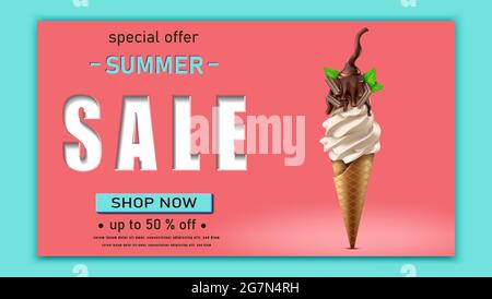 modèle de bannière de solde d'été. Fond rouge avec crème glacée. Illustration de Vecteur