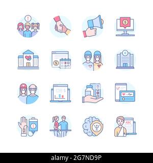 Aider les malades - ensemble d'icônes de style de ligne coloré. Différents types d'assistance. Charité et don, concept de bénévolat. Précautions, medica Illustration de Vecteur