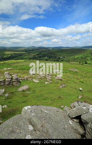 Vue d'été Yar tor vers Babeny, parc national de Dartmoor, Devon, Angleterre, Royaume-Uni Banque D'Images