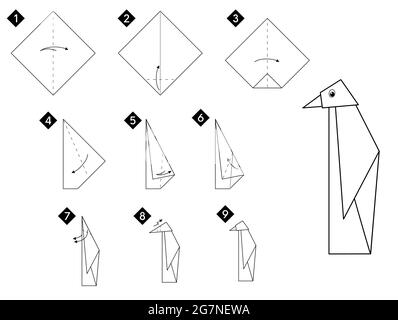 Étape par étape comment faire origami pingouin oiseau . Illustration des instructions vectorielles monochromes. Livre blanc et noir à faire soi-même. Illustration de Vecteur