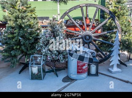 Thème de Noël campagnard saisonnier en plein air avec lanternes rustiques et arbres dans un cadre festif Banque D'Images