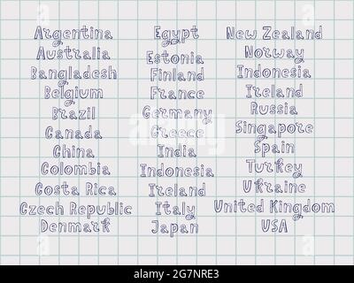 Les noms des pays du monde. Villes européennes. Lettre à la main Illustration de Vecteur