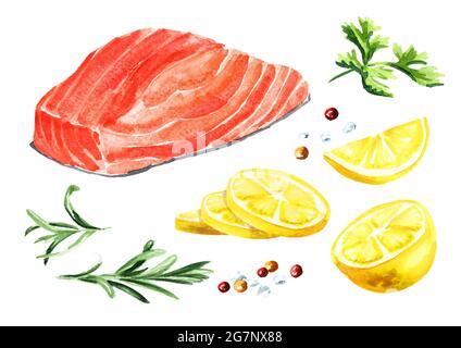 Filet de saumon au citron, romarin et épichies. Illustration aquarelle dessinée à la main, isolée sur fond blanc Banque D'Images