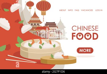 Modèle de page d'arrivée à plat de vecteur alimentaire chinois avec espace de texte. Bâtiment et lanternes rouges de style chinois traditionnel. Assiette en bambou avec de délicieux dim sums, boulettes asiatiques avec crevettes. Illustration de Vecteur