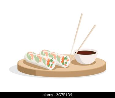 Rouleaux de printemps et sauce soja avec baguettes sur la plaque vecteur plat illustration isolée sur blanc. Plat asiatique traditionnel. Légumes frais et crevettes dans du papier de riz. Cuisine chinoise ou vietnamienne. Illustration de Vecteur