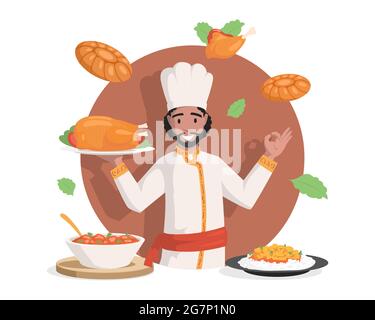 Chef en dessin de vêtements indien vectoriel plat. Savoureuse délicieuse cuisine indienne, ragoût de poulet, poulet farci, curry avec riz, légumes. Cuisine indienne traditionnelle fraîche avec assaisonnements épicés. Illustration de Vecteur