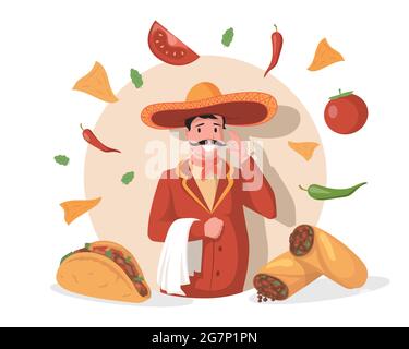 Chef souriant dans le grand chapeau mexicain sombrero illustration de l'écran plat vectoriel. Savoureuse délicieuse cuisine mexicaine, tacos, burritos, nachos. Cuisine mexicaine traditionnelle épicée avec tomates fraîches et piments forts chauds. Illustration de Vecteur