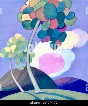 Couverture du magazine artistique Shadowland classique des années 1920. Illustration par A. M. Hopfmuller. Bulles comme des arbres - des arbres comme des ballons.