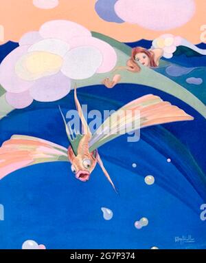 Couverture du magazine artistique Shadowland classique des années 1920. Illustration par A. M. Hopfmuller. Espoir olympique à la poursuite d'un poisson volant.