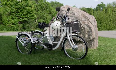 Tricycle électrique sur l'herbe verte avec fond de pierre le jour d'été. Prise de vue latérale. Éclairage naturel. Vue du moteur électrique du véhicule Banque D'Images