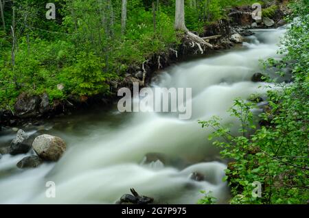 Chutes Moul dans le parc provincial Wells Gray, C.-B., Canada. La rivière commence par des chutes courtes et progressives, menant à une grande cascade de falaise. Banque D'Images