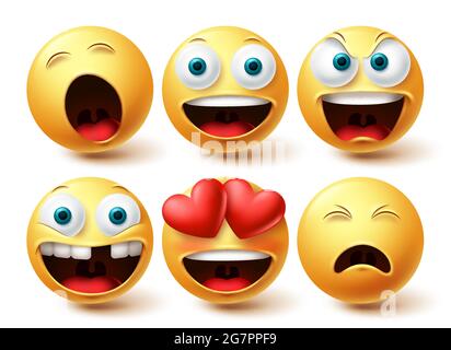 Emoji smileys ensemble de vecteur heureux. Émoticônes émoticône heureux, amoureux et endormi visage collection expressions du visage isolé dans fond blanc pour le graphique Illustration de Vecteur