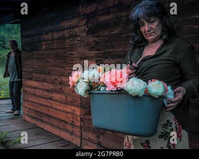 Femme âgée tenant un bol rempli de roses de jardin fraîchement coupées et recueillies Banque D'Images