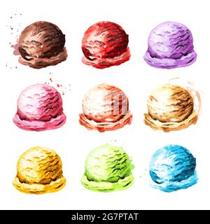 Divers ensembles de glaces. Illustration aquarelle dessinée à la main, isolée sur fond blanc Banque D'Images
