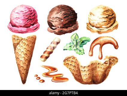 Ensemble de divers éléments de crème glacée. Illustration aquarelle dessinée à la main, isolée sur fond blanc Banque D'Images