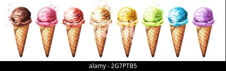 Divers crèmes glacées dans un ensemble de gaufres. Illustration aquarelle dessinée à la main, isolée sur fond blanc Banque D'Images